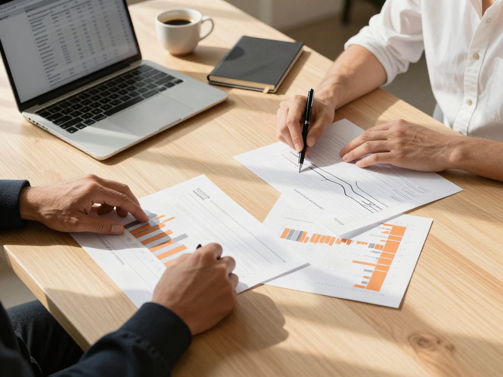 Business analytics reports, a laptop and a notebook on a table during a collaborative review